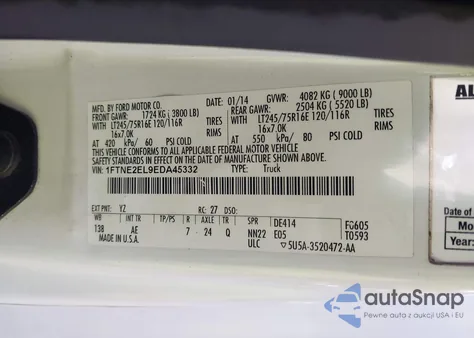 2014 Ford E-250 Commercial z USA, uszkodzony, nr VIN 1FTNE2EL9EDA45332